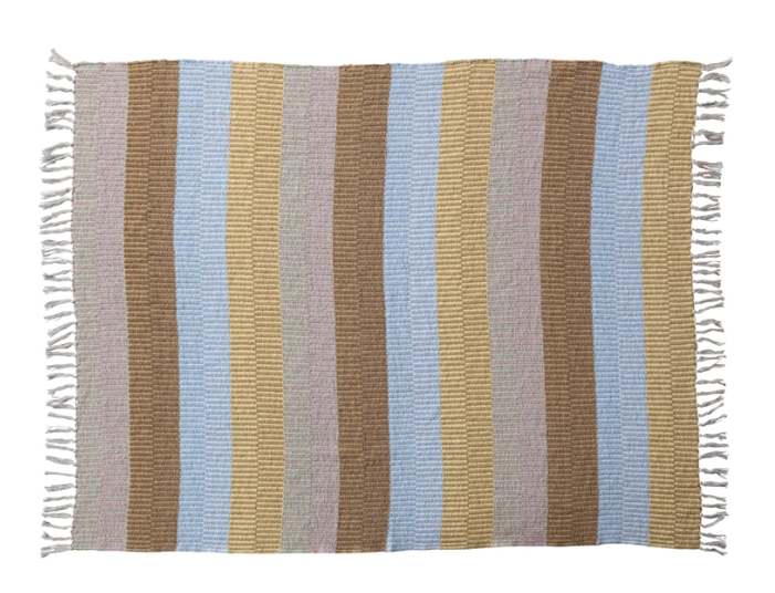 Woven Recycled Cotton Blend Throw w/ Stripes & Fringe