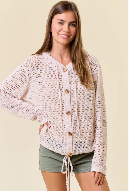 Fisher Net Hoodie Cardigan with Big Wooden Button