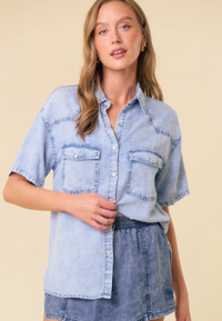 Short Sleeve Oversized Denim Button Down Shirt