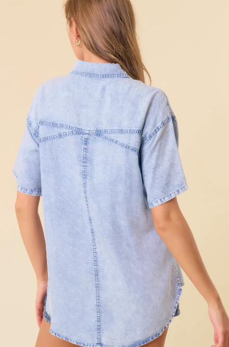 Short Sleeve Oversized Denim Button Down Shirt