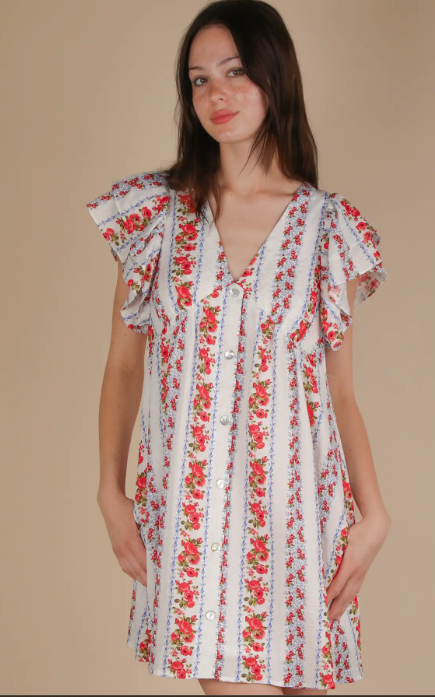 Button Down Printed Ruffle Sleeve Mini Dress