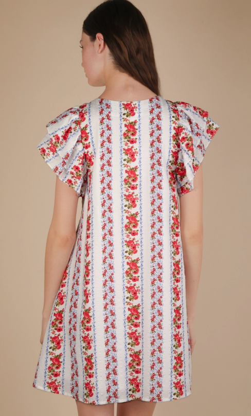 Button Down Printed Ruffle Sleeve Mini Dress