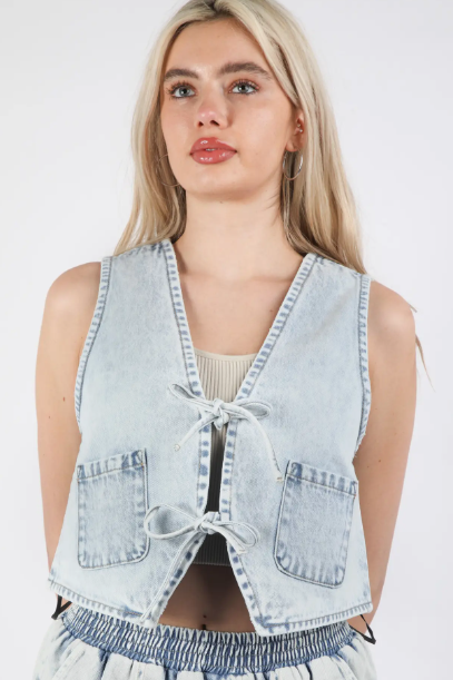Jean Acid Washed Denim Front Tie Vest