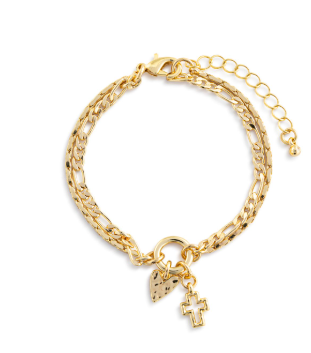 Heart + Cross Gold Charm Layered Bracelet - 6.5in