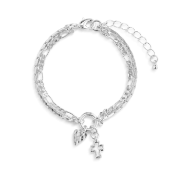 Heart + Cross Silver Charm Layered Bracelet 6.5in