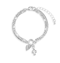 Heart + Cross Silver Charm Layered Bracelet 6.5in