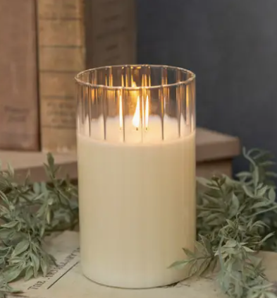 6" Cream Fluted Glass 3D Flame Candle