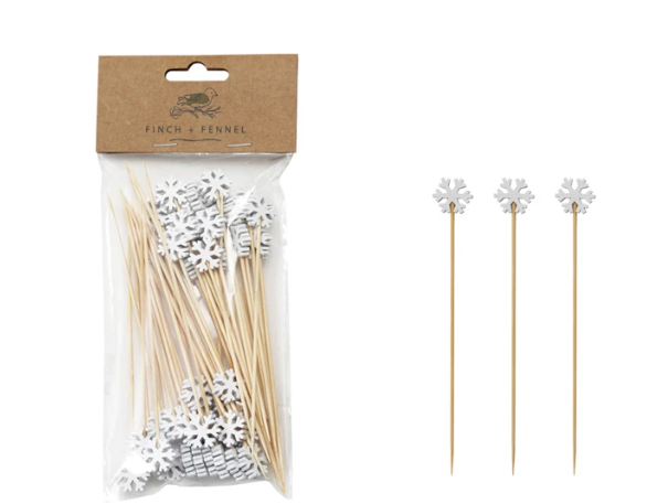 Bamboo Single Use Skewers with Snowflake Shaped Handles, Set of 50