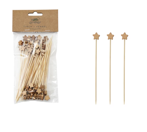 Bamboo Single Use Skewers with Star Shaped Handles, Set of 5