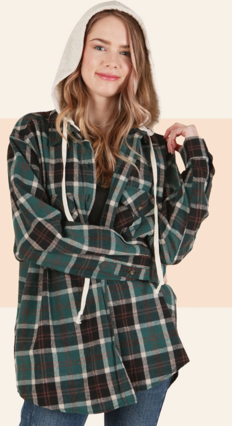 Plaid Hoodie Shacket - Detachable Hoodie