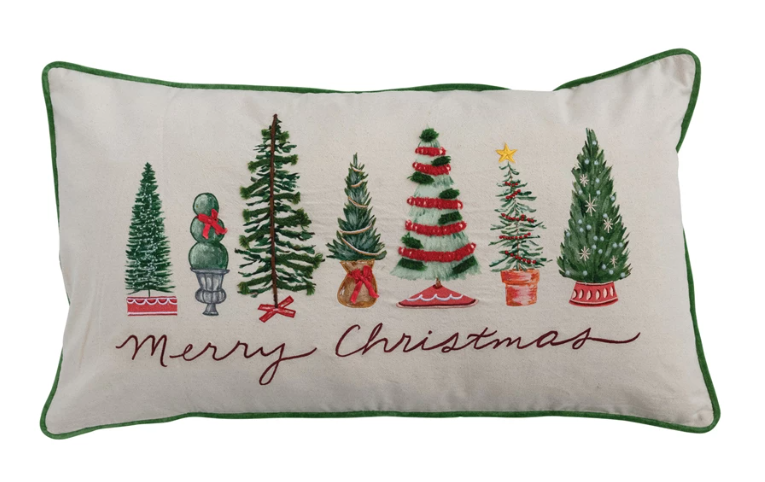 Lumbar Pillow with Piping, Embroidery & Trees "Merry Christmas"