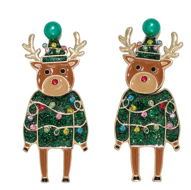 Green Rudolph With Crystals Earrings