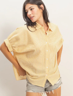 Striped Short Sleeve Button-Front Blouse