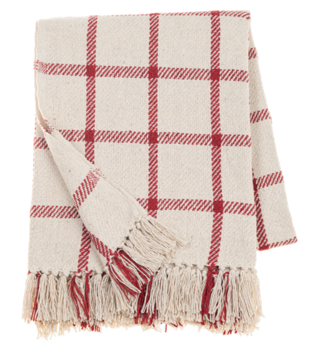 Red & Natural Windowpane Check Woven Throw