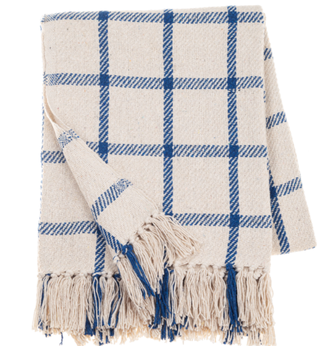Blue & Natural Windowpane Check Woven Throw