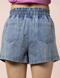 Elastic Waist Mineral Washed Chambray Shorts