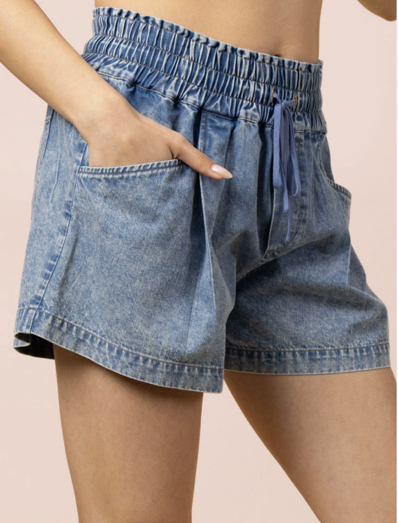 Elastic Waist Mineral Washed Chambray Shorts
