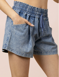 Elastic Waist Mineral Washed Chambray Shorts