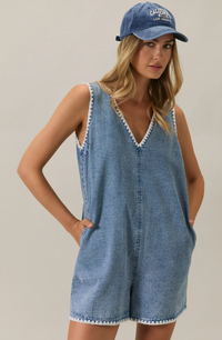 V-Neck Sleeveless Stitch Detail Denim Romper