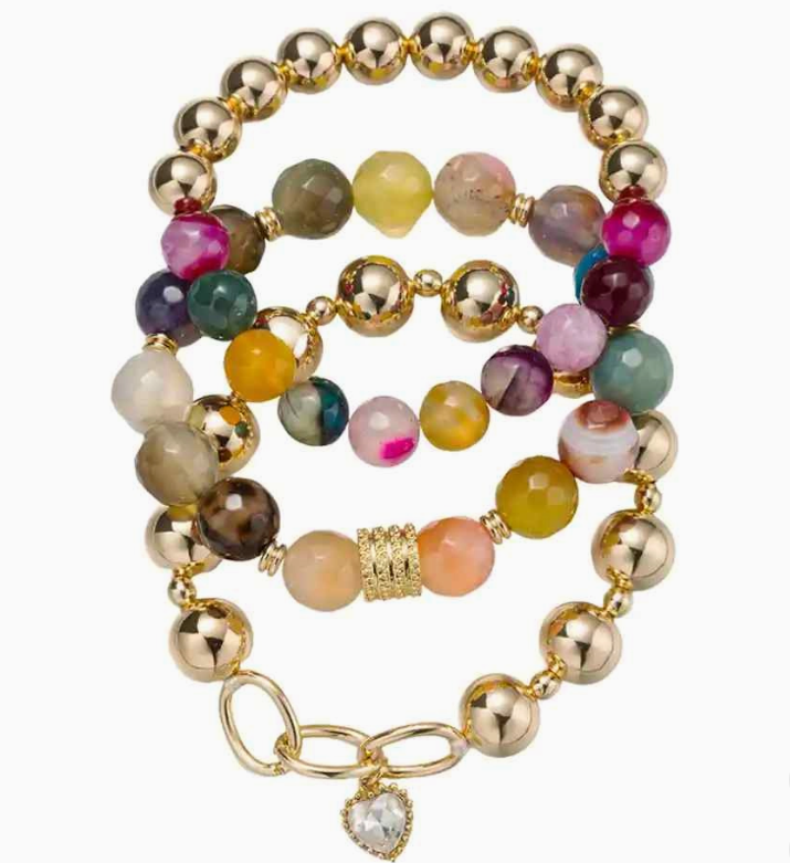 Set of 3 Agate Beaded Bracelet w/ Clear Crystal Heart Charm