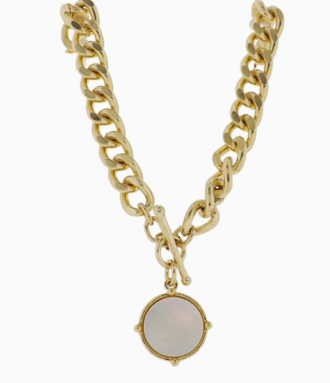 Gold Satellite Chain w/ White Shell Circle Pendant