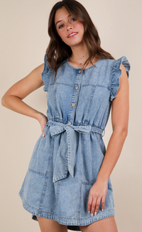 Washed Chambray Ruffle Detail Mini Dress