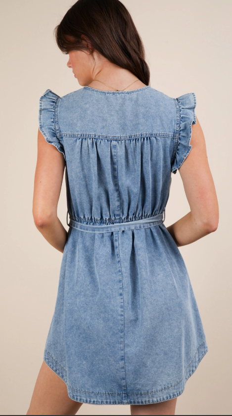 Washed Chambray Ruffle Detail Mini Dress