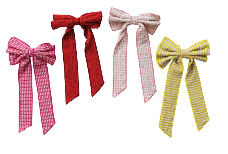 Cotton Velvet Printed Clip-on Bow with Pattern & Stitched Edges