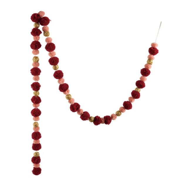 Fabric Pom Pom Garland, Gold Finish, Burgundy & Pink