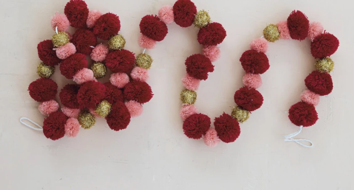 Fabric Pom Pom Garland, Gold Finish, Burgundy & Pink