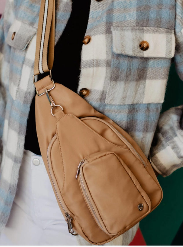 Solid Sling Bag with Striped Strap