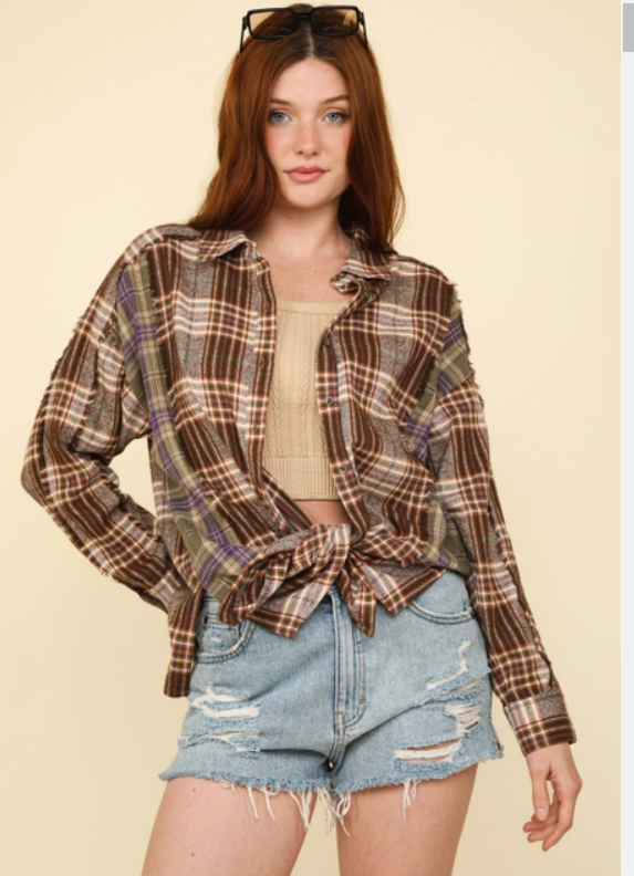 Contrast Plaid Detail Casual Shirt Top