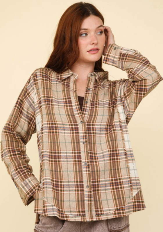 Contrast Plaid Detail Casual Plus Shirt