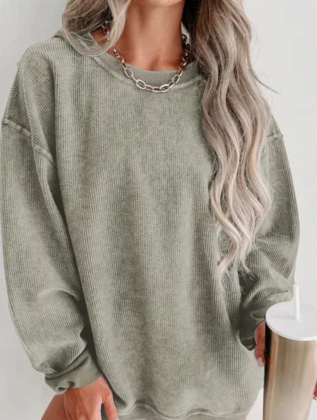 Ribbed Knit Round Neck Pullover Sweatshirt