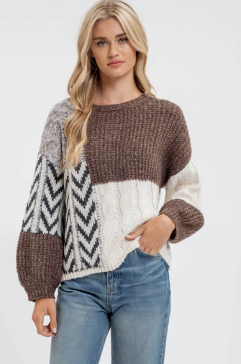 Colorblock Chevron Cable Knit Sweater