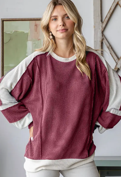 Long Sleeve Solid Rib Colorblock Top