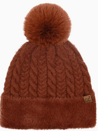 C.C Cable Knit Fur Cuff Pom Beanie