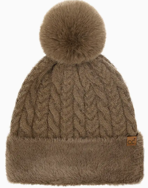 C.C Cable Knit Fur Cuff Pom Beanie