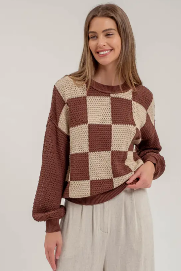 Checkered Crochet Knit Long Sleeve Sweater