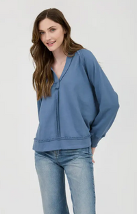 Hooded V Neck Raw Edge  Plus Long Sleeve Top