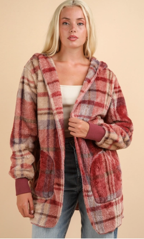 Oversized Faux Fur Tunic Hooded Printed Jacket