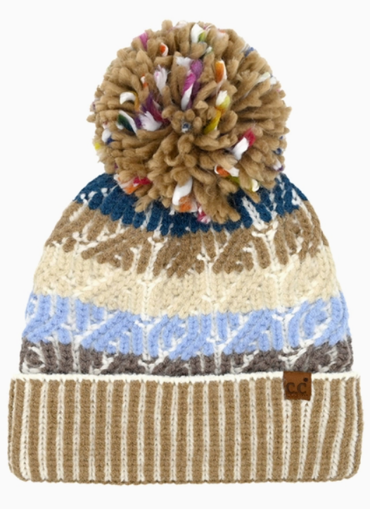 C.C Cable Multi Color Block Yarn Pom Beanie