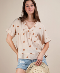 Flower Embroidered Woven Blouse Top