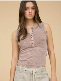Washed Henley Sleeveless Exposed Seam Knit Top