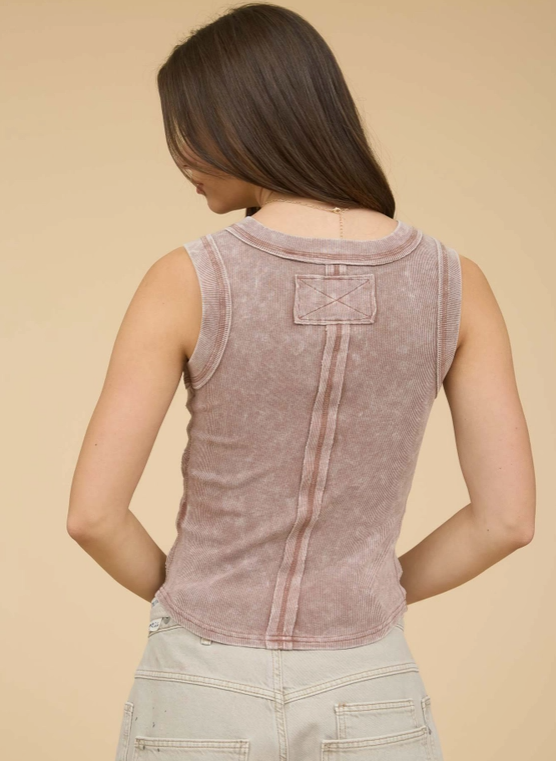 Washed Henley Sleeveless Exposed Seam Knit Top