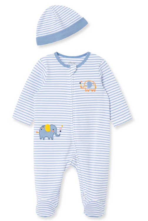 Elephant 2-Way-Zip Footed One-Piece And Hat