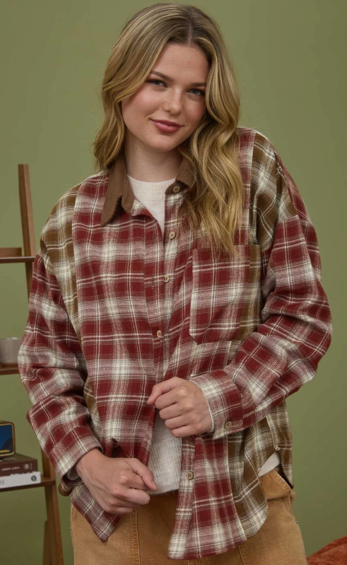Plaid Color Block Pattern Button Down Shirt