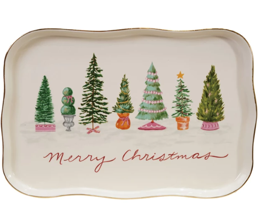 Stoneware Scalloped Platter with Trees & Gold Electroplating