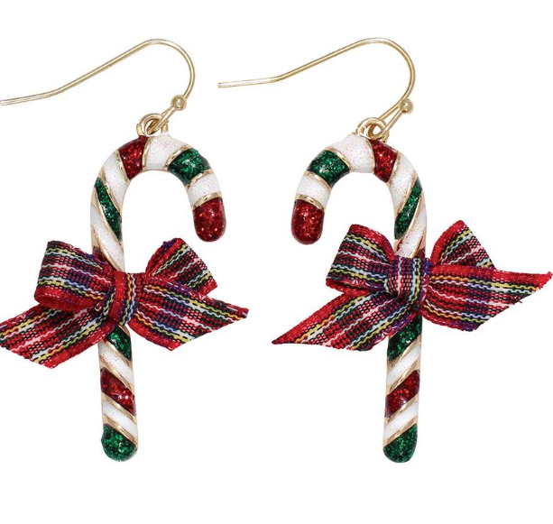 Glittery Candy Canes With Plaid Bows Earrings