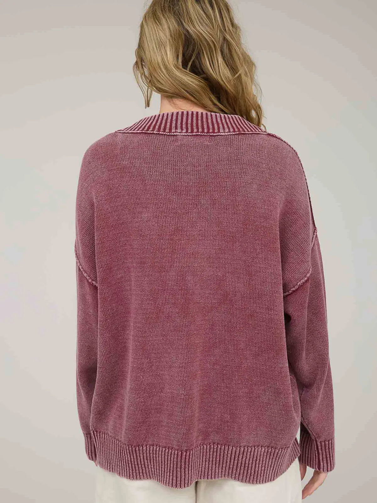 Washed V Neck Long Sleeve Oversized Knit Sweater